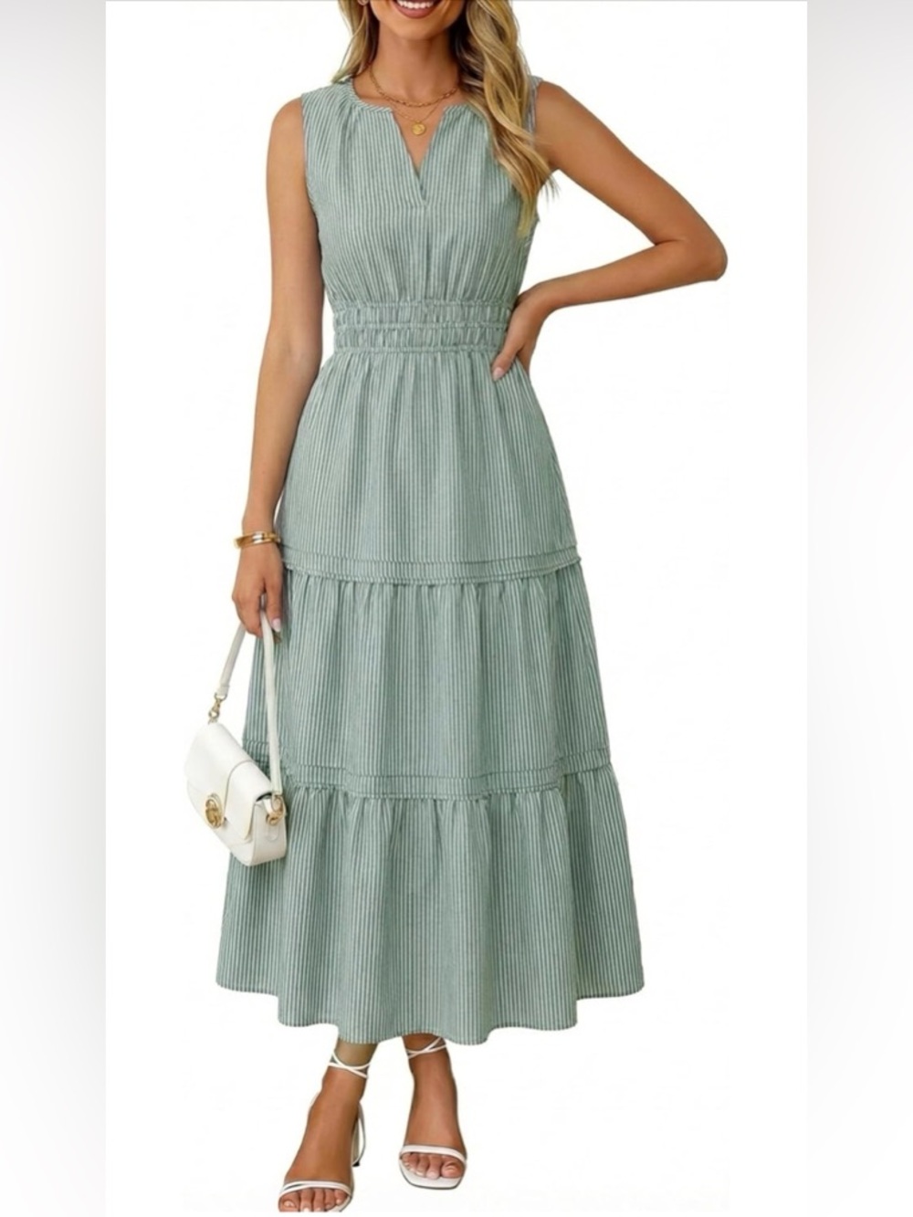 BerryGo Sleeveless Sage Green Tiered Maxi Dress Large NWT